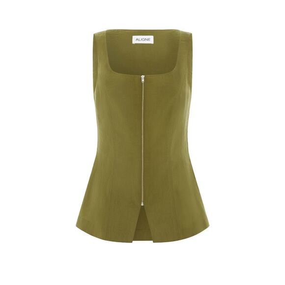 Aligne x Elizabeth Day NWT Adonis Zip Top Olive Size 8 UK 36 EU 4 US - Picture 2 of 6